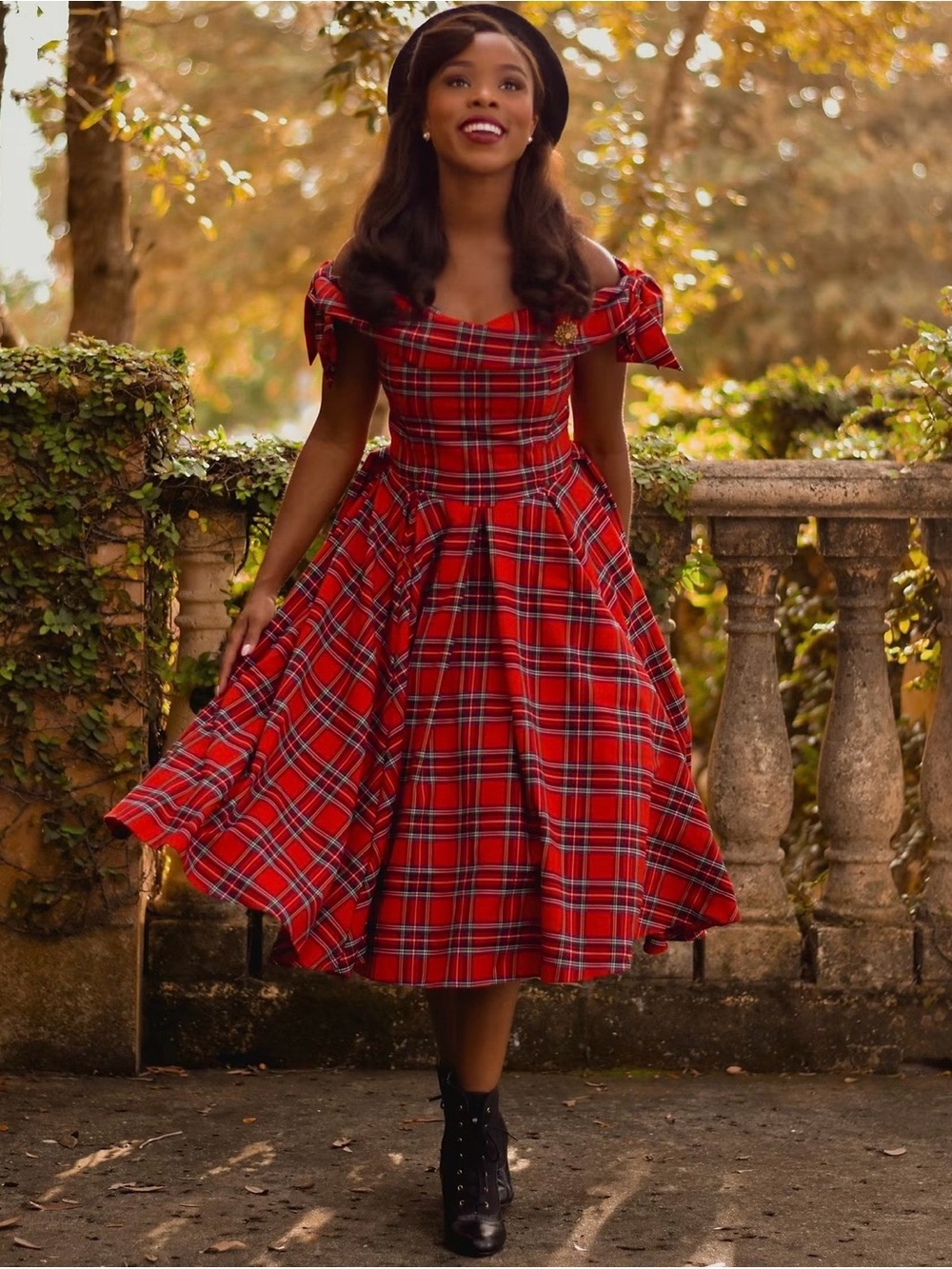 Red Plaid Off-Shoulder Midi Dress